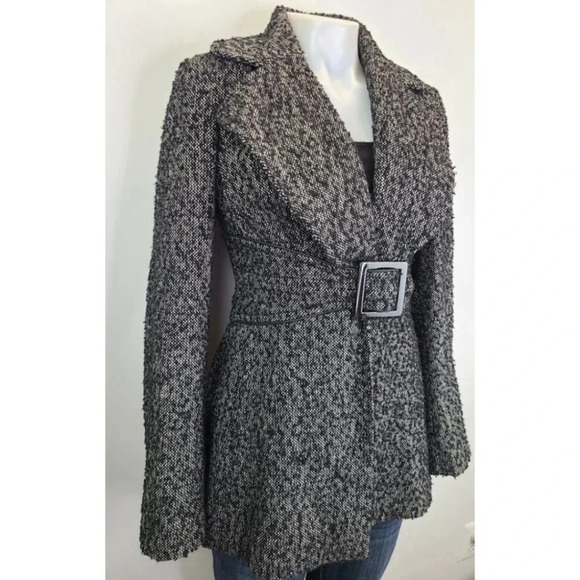 Jessica Simpson Black White Boucle Tweed Fit Flare Bell Sleeve Coat Y2K XS - Picture 4 of 16